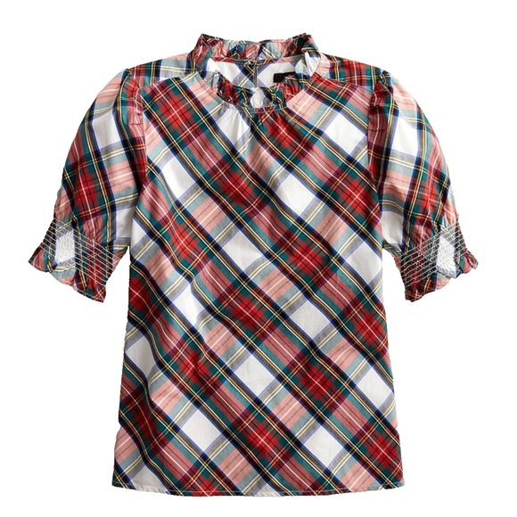 J. Crew Snowy Stewart Tartan Plaid Poplin Wm S Smocked Puff Sleeve Holiday Shirt - Picture 2 of 10